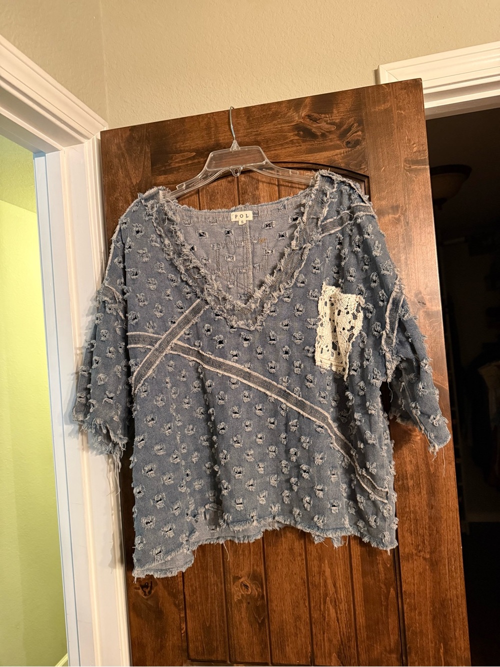 POL S Distressed Boho Denim-Style Tunic Top